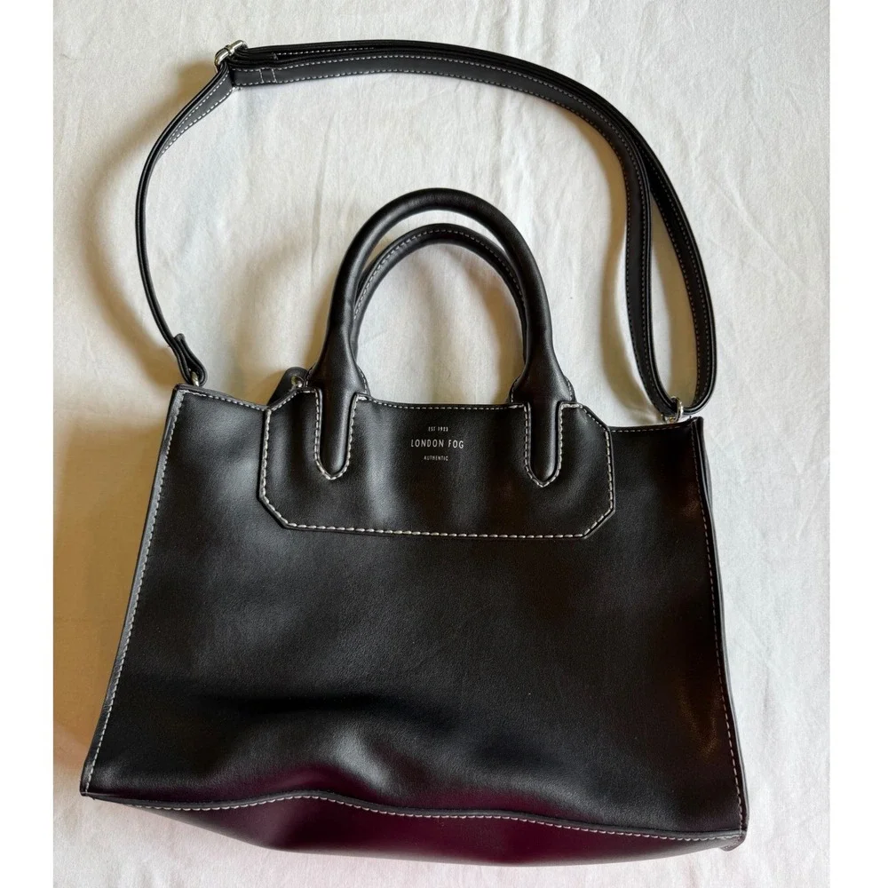 London Fog Black Faux Leather Satchel Crossbody Bag White Contrast Stitching